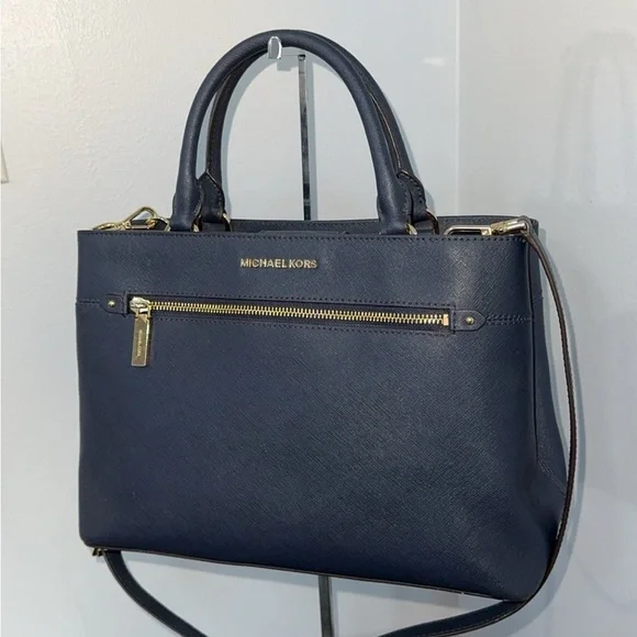 MICHAEL KORS Handbag Crossgrain Leather Navy Large Crossbody Satchel AUTHENTIC - Picture 2 of 12